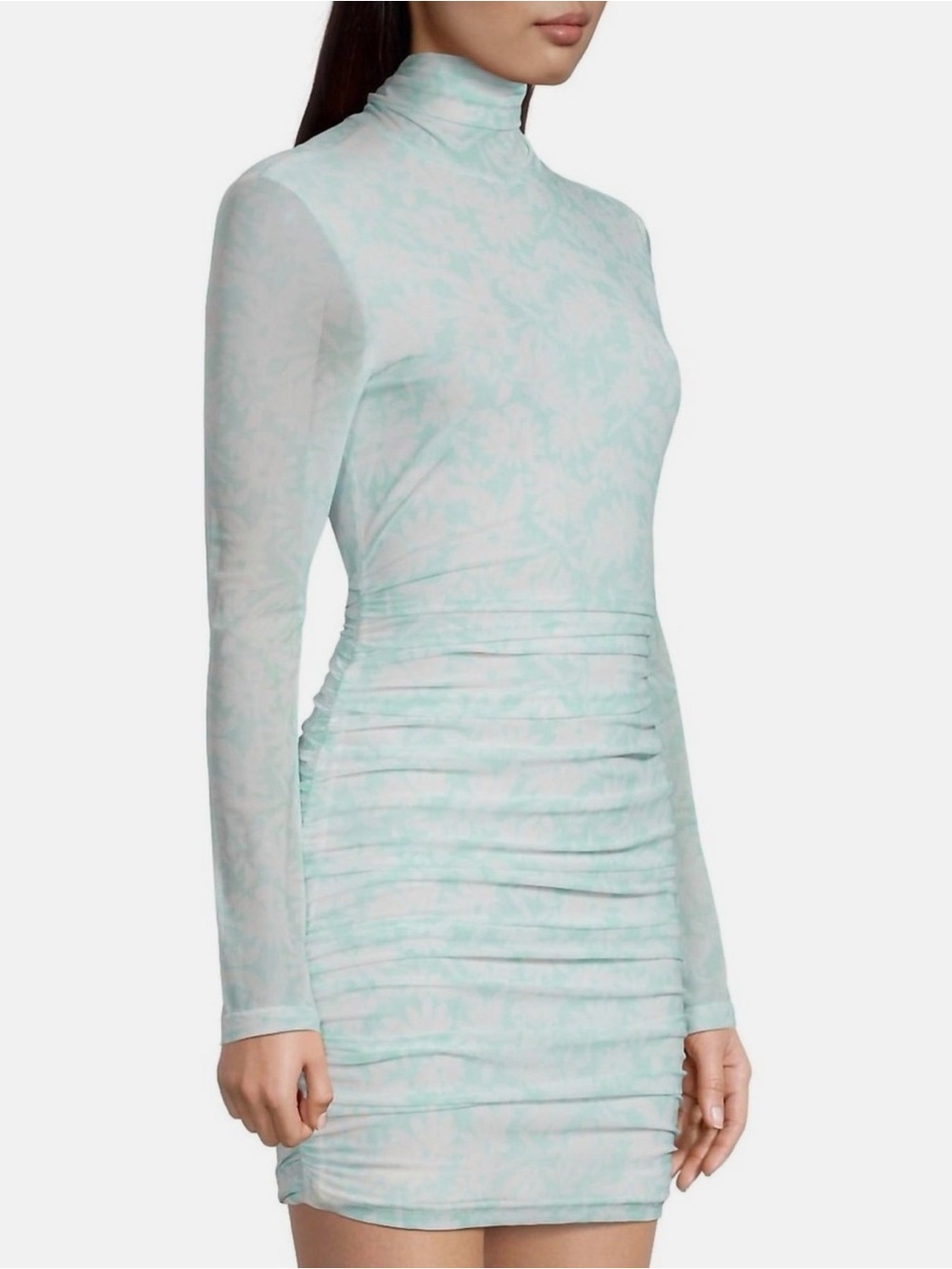 AFRM Mint Floral Turtleneck Ruched Long-Sleeve Dress